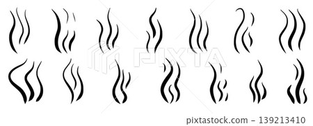 Flowing vapor lines vector illustration. Minimalist doodle depicting rising heat waves. Scribbles outline design for culinary branding, perfect isolated graphic element. Air silhouette set no bg 139213410