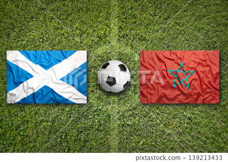 Scotland vs. Morocco flags on a soccer field Scotland vs. Morocco flags on a soccer field 139213433