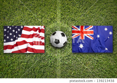 USA vs. Australia flags on a soccer field 139213438