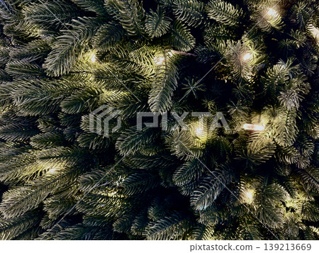 festive christmas tree closeup glowing with warm twinkling lights on frosted evergreen branches in enchanting holiday ambiance festive christmas tree closeup glowing with warm twinkling lights on frosted evergreen branches in enchanting holiday ambiance 139213669