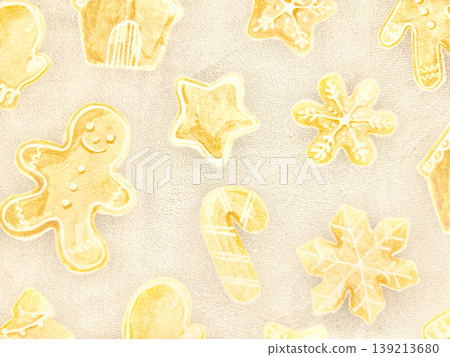 scattered watercolor christmas cookies gingerbread men stars snowflakes candy canes on beige canvas evoking cozy holiday cheer and festive baking tradition scattered watercolor christmas cookies gingerbread men stars snowflakes candy canes on beige canvas evoking cozy holiday cheer and festive baking tradition 139213680