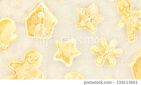 delightful gingerbread cookies in festive holiday shapes scattered on powdery flour background evoking warm christmas cheer with golden tones and intricate icing details delightful gingerbread cookies in festive holiday shapes scattered on powdery flour background evoking warm christmas cheer with golden tones and intricate icing details 139213681