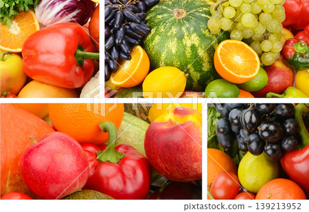 Colorful Collage of Fresh Organic Fruits and Vegetables Colorful Collage of Fresh Organic Fruits and Vegetables 139213952