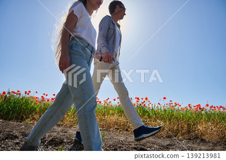 Couple Walking Hand in Hand Through Sunny Poppy Field on a Clear Spring Day Couple Walking Hand in Hand Through Sunny Poppy Field on a Clear Spring Day 139213981