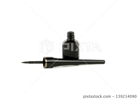Black Liquid Eyeliner Bottle and Brush Applicator Isolated on White Black Liquid Eyeliner Bottle and Brush Applicator Isolated on White 139214090