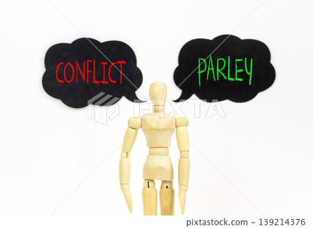 Parley instead conflict symbol. Concept words Parley and Conflict on beautiful black speech bubbles. Beautiful white background. Businessman model. Social parley instead conflict concept. Copy space. 139214376