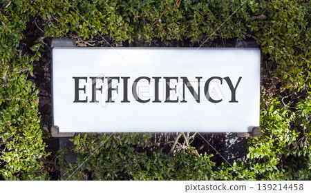 Efficiency symbol. Concept word Efficiency on beautiful white marble sign plate. Beautiful green leaf background. Business efficiency concept. Copy space. 139214458