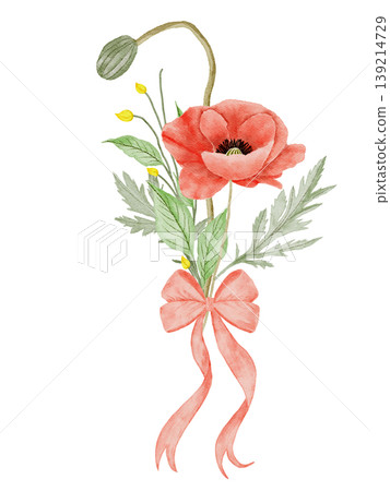 Watercolor Poppy Flower Bouquet with Ribbon Watercolor Poppy Flower Bouquet with Ribbon 139214729