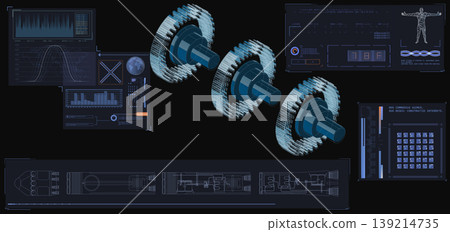 Futuristic heads up display with data visualization. Shows 3D mechanical models, charts, graphs, and engineering blueprints. High tech digital style with glowing blue elements on dark background Futuristic heads up display with data visualization. Shows 3D mechanical models, charts, graphs, and engineering blueprints. High tech digital style with glowing blue elements on dark background 139214735