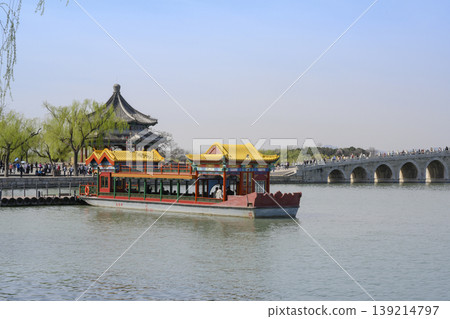 Ancient Chinese-style pleasure boat in Yiheyuan Imperial Park in Beijing, China Ancient Chinese-style pleasure boat in Yiheyuan Imperial Park in Beijing, China 139214797