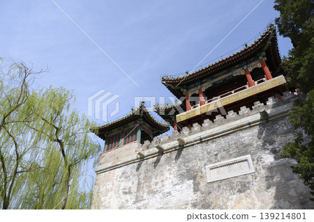 Wenchangge Tower and a budding spring willow tree in Yiheyuan Park in Beijing, China 139214801