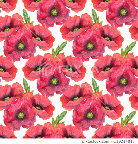Vibrant red poppies, seamless watercolor pattern. Colorful fresh flowers with vibrant leaves, hand drawn. Colorful plants for floral cards, wrapping paper, prints, and fabric. 139214815