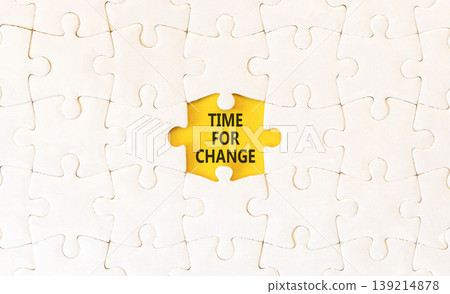 Time for change symbol. Concept words Time for change on beautiful white puzzles. Beautiful yellow background. Business and time for change concept. Copy space. Time for change symbol. Concept words Time for change on beautiful white puzzles. Beautiful yellow background. Business and time for change concept. Copy space. 139214878