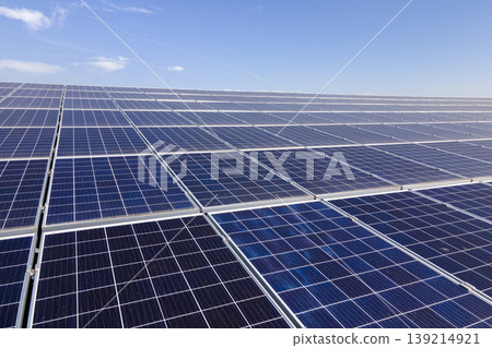 Solar rooftop on commercial structure. Photovoltaic panels for producing of clean ecological electrical energy. Concept of autonomous building 139214921