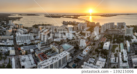 Sarasota, Florida city downtown at sunset with expensive waterfront high-rise buildings. Urban travel destination in the USA Sarasota, Florida city downtown at sunset with expensive waterfront high-rise buildings. Urban travel destination in the USA 139215006