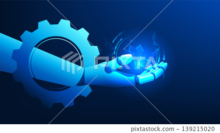 Technology background featuring a robotic hand emerging from a gear, representing AI-driven automation, intelligent systems, industrial innovation, machine control, and technology-powered processes. Technology background featuring a robotic hand emerging from a gear, representing AI-driven automation, intelligent systems, industrial innovation, machine control, and technology-powered processes. 139215020