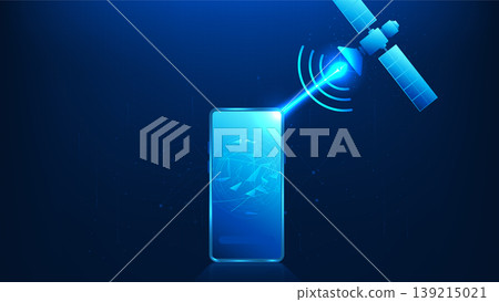 Technology background signal waves transmitted from a satellite to a smartphone, representing 5G connectivity, wireless communication, high-speed data transfer, network coverage, telecommunication Technology background signal waves transmitted from a satellite to a smartphone, representing 5G connectivity, wireless communication, high-speed data transfer, network coverage, telecommunication 139215021