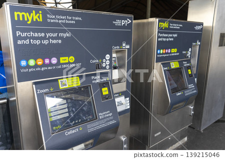 Melbourne, Australia - January 4, 2024 : Myki public transport ticket top up machine in Melbourne, Australia on January 4, 2024. Melbourne, Australia - January 4, 2024 : Myki public transport ticket top up machine in Melbourne, Australia on January 4, 2024. 139215046