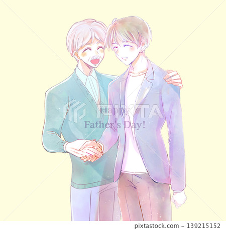 Father and son with their arms around each other's shoulders, shaking hands (with text) 139215152