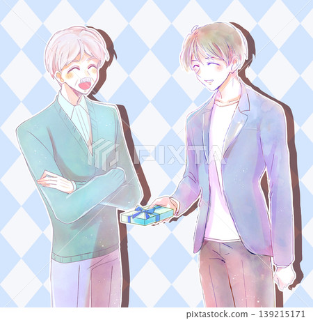 Elderly man and man holding a gift Elderly man and man holding a gift 139215171