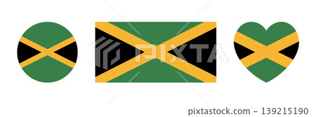 Flag of Jamaica heart, round, rectangular button, sticker. Set of Jamaica flag circle, rectangle, heart badge, banner, background. Kingston icon. 139215190