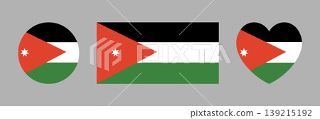Round, heart, rectangular flag of Jordan badge, sticker set. Jordan flag circle, heart, rectangle icon, button. Flag banner, background. National flag Jordan. Round, heart, rectangular flag of Jordan badge, sticker set. Jordan flag circle, heart, rectangle icon, button. Flag banner, background. National flag Jordan. 139215192