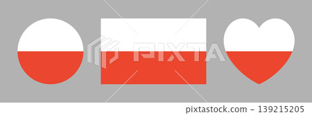 Flag of Poland. Flag icon, sticker. Poland flag heart, rectangle, circle banner. Round, rectangular, heart of Poland flag badge, background set. National flag button. Flag of Poland. Flag icon, sticker. Poland flag heart, rectangle, circle banner. Round, rectangular, heart of Poland flag badge, background set. National flag button. 139215205