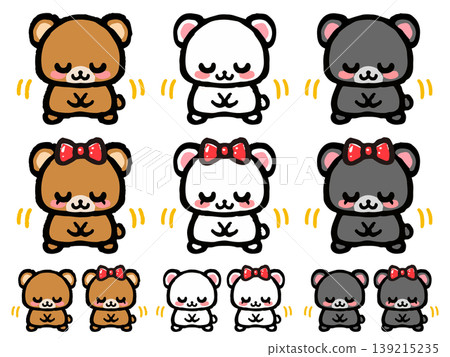 A set of doodle-style illustrations of a bowing bear. 139215235