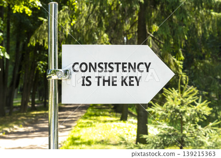 Consistency is the key symbol. Concept words Consistency is the key on beautiful white road sign. Beautiful green garden background. Business consistency is the key concept. Copy space. 139215363