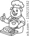 Cartoon of a smiling pig cook cutting pork line art 139215382