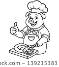 Cartoon of a smiling pig cook cutting pork line art 139215383