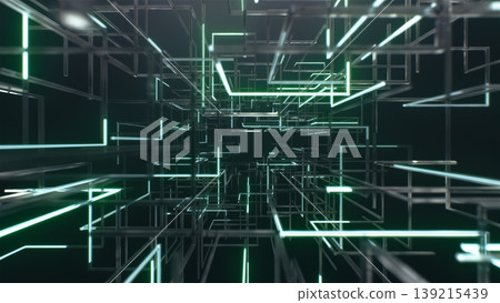 Suspended cubes highlighted in blue construct deep and captivating virtual scenery 139215439