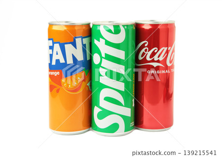 Mykolaiv, Ukraine - March 25, 2026: Iron cans of Coca Cola, Fanta and Sprite drink isolated on white background. Mykolaiv, Ukraine - March 25, 2026: Iron cans of Coca Cola, Fanta and Sprite drink isolated on white background. 139215541
