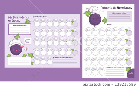Monthly Nutrition Tracker and Meal Planning Page Set. Cute Kawaii Male and Female Chef Blackcurrant Mascot with Cook Hat. Horizontal and Vertical Printable Culinary Habit Checklist Vector Illustration 139215589