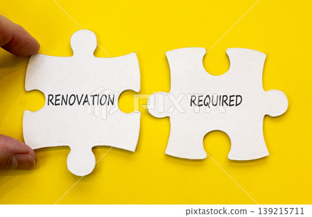Renovation required words symbol. Concept words Renovation required on beautiful white puzzles. Beautiful yellow background. Business and Renovation required words concept. Copy space. 139215711