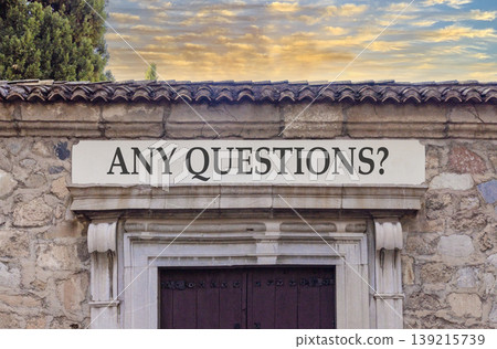 Any questions symbol. Concept words Any questions on beautiful big marble white sign plate. Beautiful old stone wall background. Business and Any questions Q and A concept, copy space. Any questions symbol. Concept words Any questions on beautiful big marble white sign plate. Beautiful old stone wall background. Business and Any questions Q and A concept, copy space. 139215739