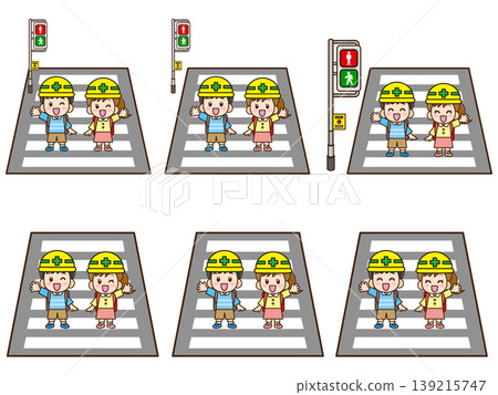 A set of illustrations of a child crossing a pedestrian crossing. A set of illustrations of a child crossing a pedestrian crossing. 139215747