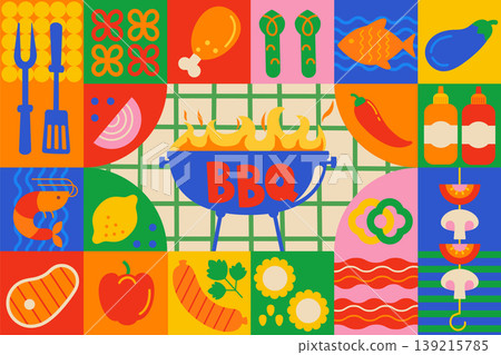 Geometric BBQ flyer. Summer Barbecue weekend event. Design template for barbeque menu, poster, invitation banner, announcement. Grilled delicious steak after cooking outdoor. Vector illustration. Geometric BBQ flyer. Summer Barbecue weekend event. Design template for barbeque menu, poster, invitation banner, announcement. Grilled delicious steak after cooking outdoor. Vector illustration. 139215785