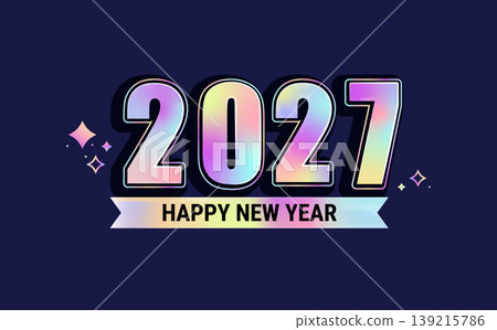 Celebrating 2027 New Year. Elegant card for event with holographic numbers on blue background with stars. Template design for seasonal holidays flyers, poster, web, presentations. Vector illustration 139215786