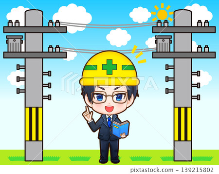 Illustration of a telephone pole and a male employee of a construction company. 139215802