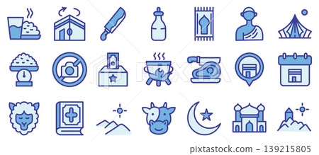 Eid Al Adha blue color outline icon collection.Vector illustration Eid Al Adha blue color outline icon collection.Vector illustration 139215805