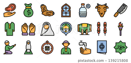 Eid al Adha Outline Color Icons Set.Vector Illustration 139215808