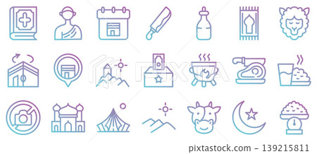 Eid Al Adha gradient outline icon collection.Vector illustration Eid Al Adha gradient outline icon collection.Vector illustration 139215811