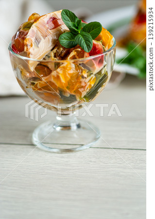 homemade jelly dessert with coffee and fruit vibrant layers homemade jelly dessert with coffee and fruit vibrant layers 139215934