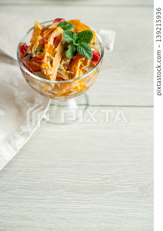 chilled layered jelly dessert with coffee fruit and garnish chilled layered jelly dessert with coffee fruit and garnish 139215936