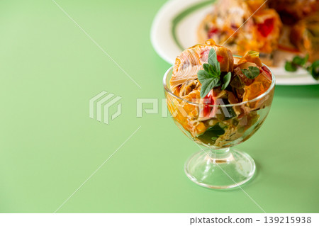 sweet layered jelly dessert with fruit and coffee flavors closeup 139215938