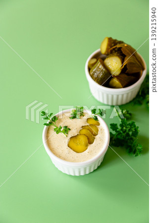 traditional tartar sauce served in ceramic ramekin with garnish traditional tartar sauce served in ceramic ramekin with garnish 139215940
