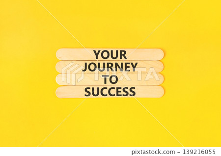 Your journey to success words symbol. Concept words Your journey to success on beautiful wooden sticks. Beautiful yellow background. Business motivational your journey to success concept. Copy space. 139216055