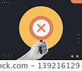 Trendy Halftone Collage of a halftone hand holding an X mark sign on a gold circle, symbolizing rejection and disapproval, ideal for business decision and warning content. 139216129