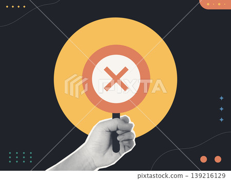 Trendy Halftone Collage of a halftone hand holding an X mark sign on a gold circle, symbolizing rejection and disapproval, ideal for business decision and warning content. 139216129